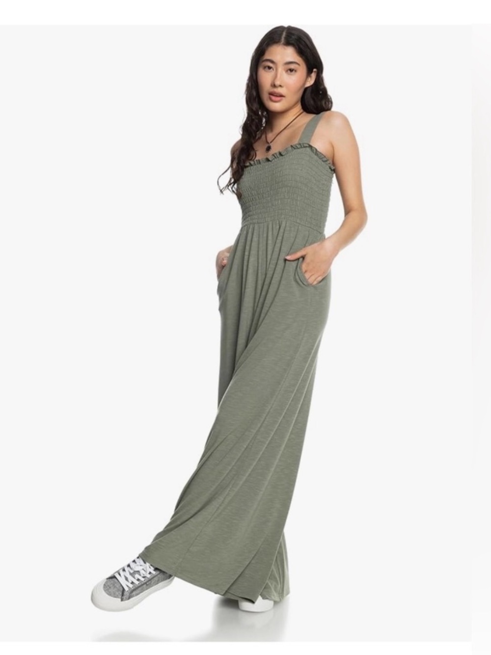 Roxy Just Passing By Green Smocked Wide-Leg Jumpsuit